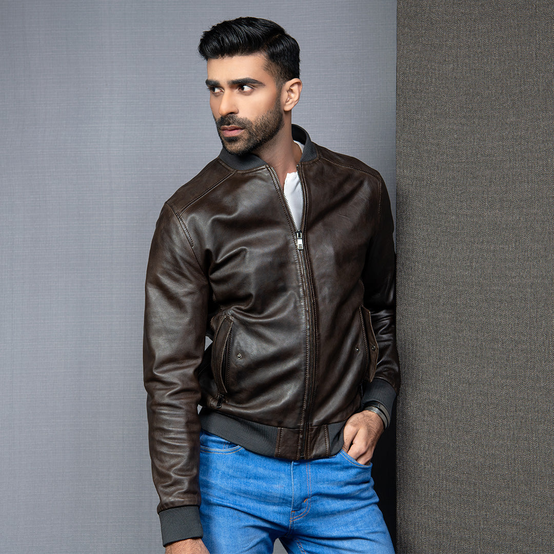 Dark Brown Bomber Leather Jacket Kaptan –
