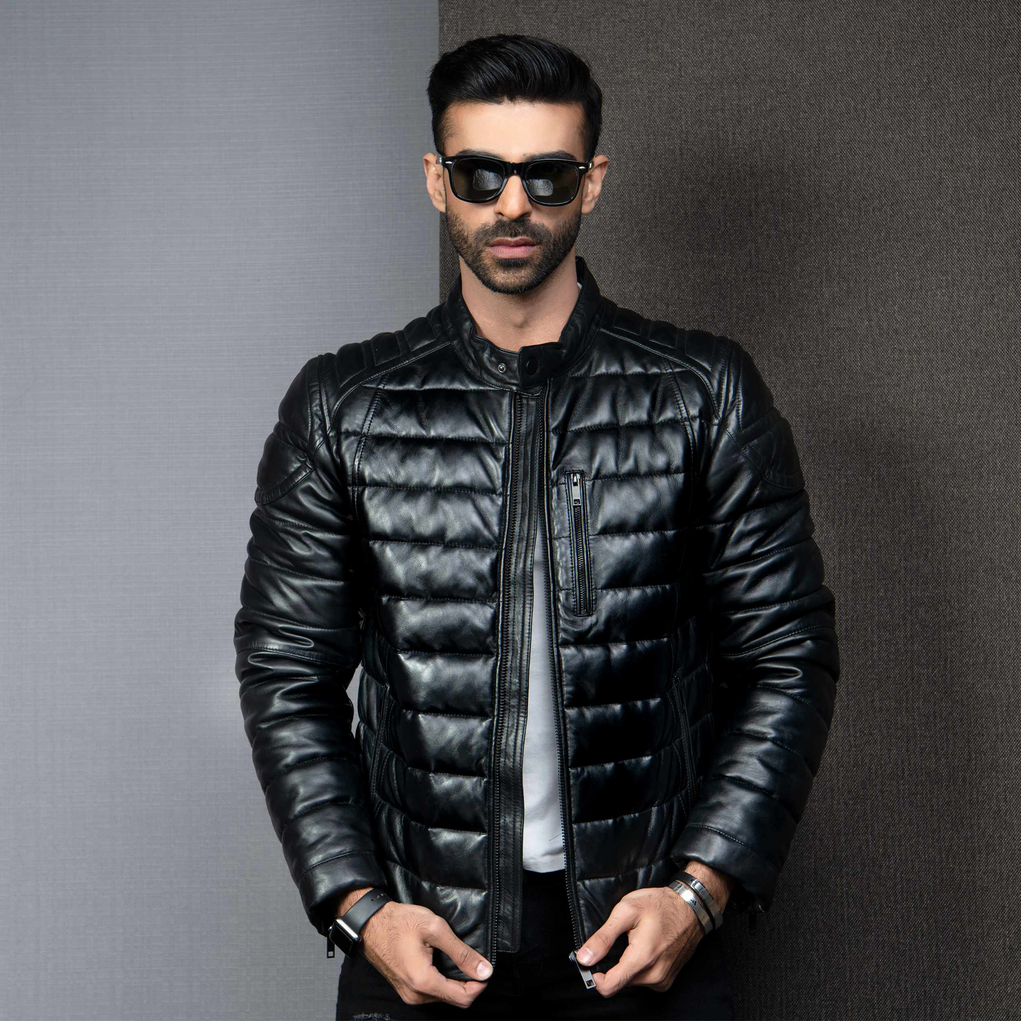 Black Puffer Leather Jacket Kaptan –