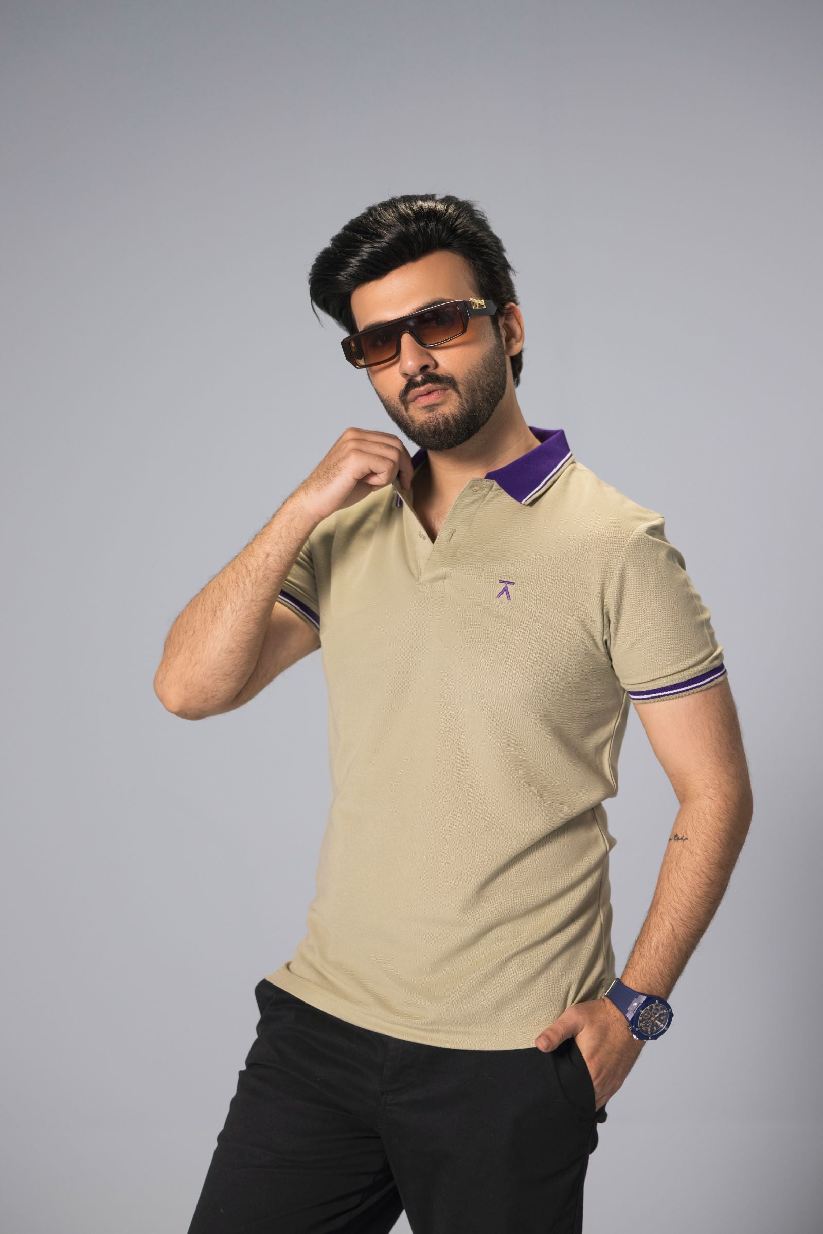 Men Contrast Collar Polo Shirt - Stone Beige