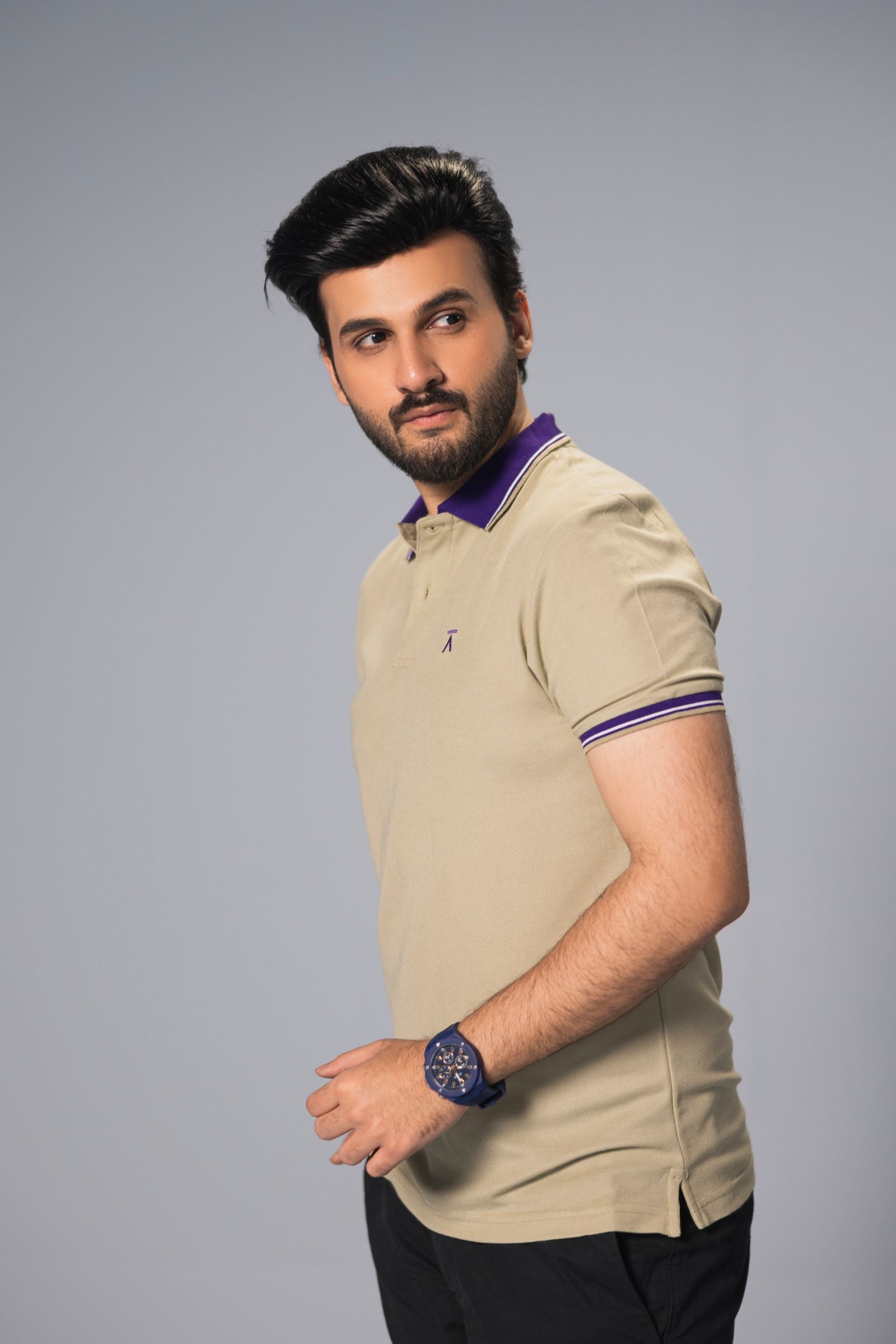 Men Contrast Collar Polo Shirt - Stone Beige