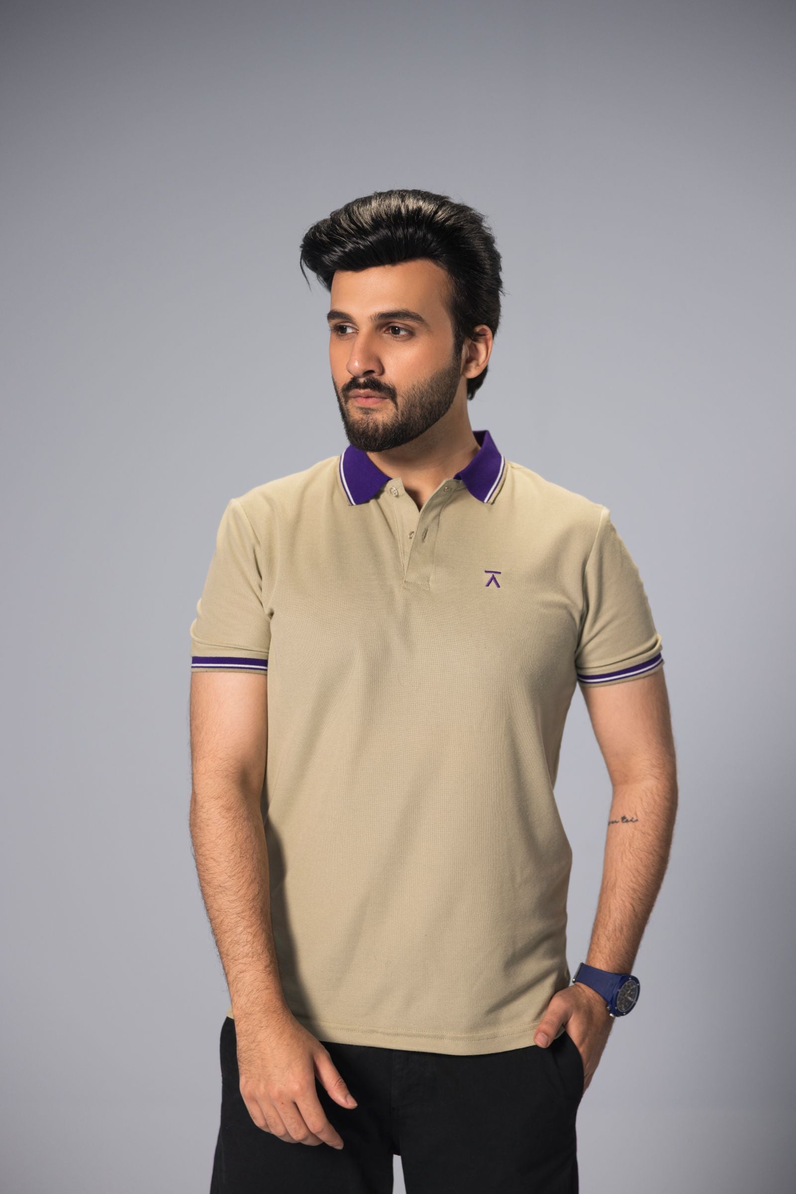 Men Contrast Collar Polo Shirt - Stone Beige