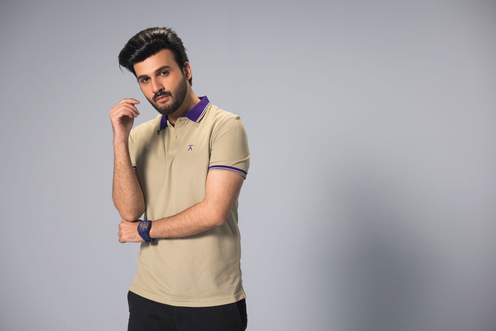 Men Contrast Collar Polo Shirt - Stone Beige