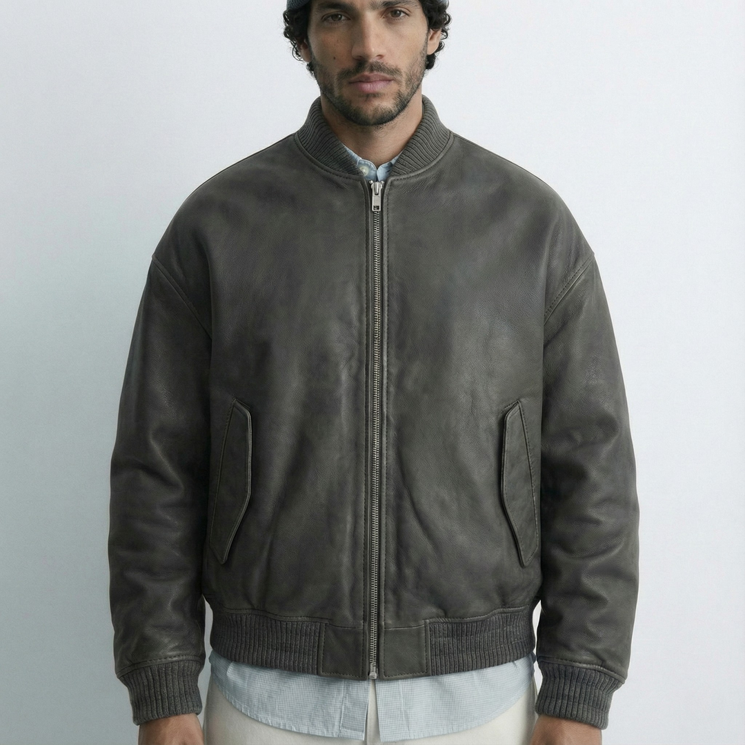 Luxe Grey Bomber Leather Jacket