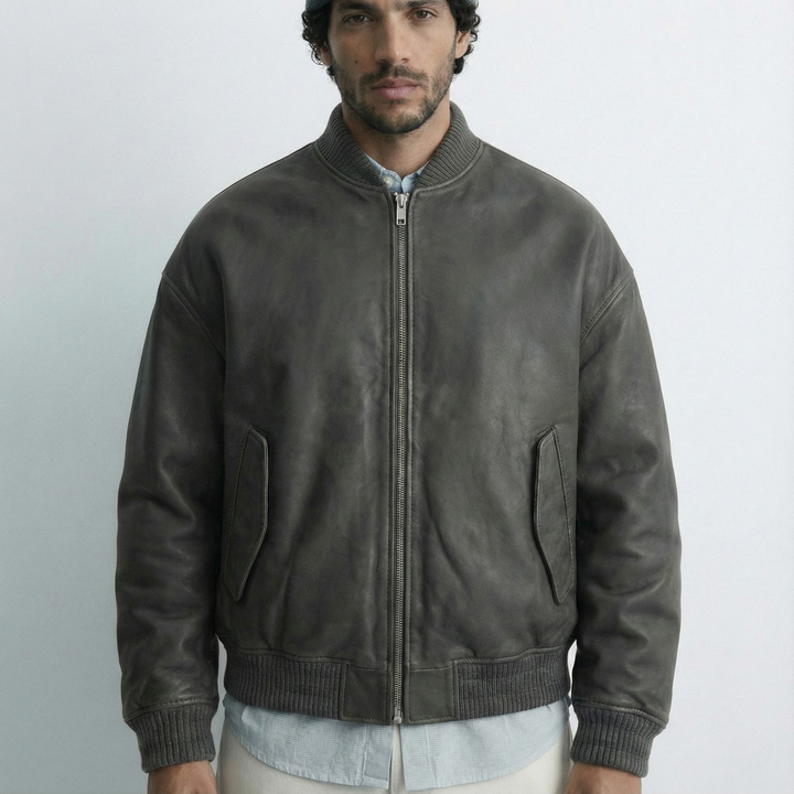Luxe Grey Bomber Leather Jacket