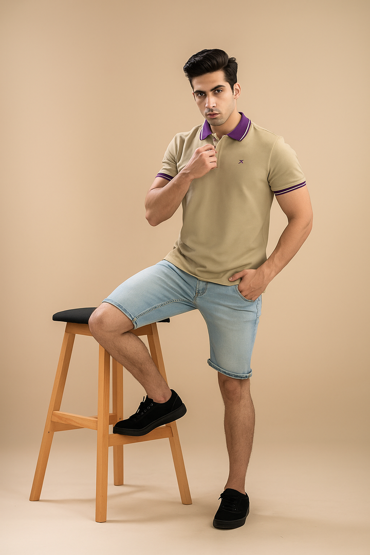 Men Contrast Collar Polo Shirt - Stone Beige