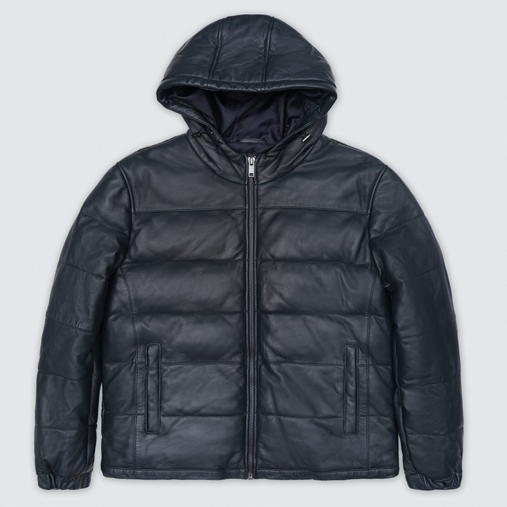 Sprint Black Hooded Puffer Leather Jacket