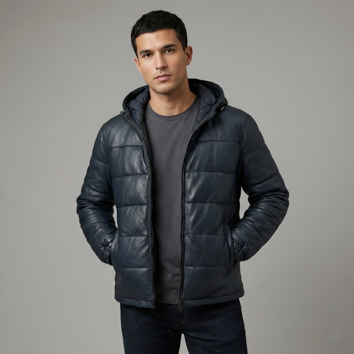 Sprint Black Hooded Puffer Leather Jacket