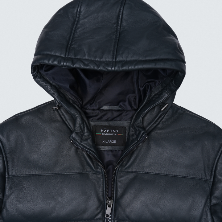 Sprint Black Hooded Puffer Leather Jacket