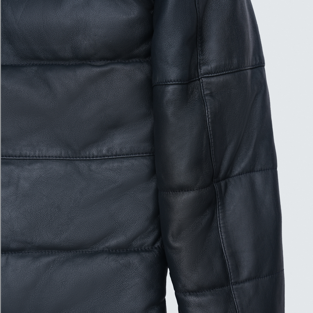 Sprint Black Hooded Puffer Leather Jacket