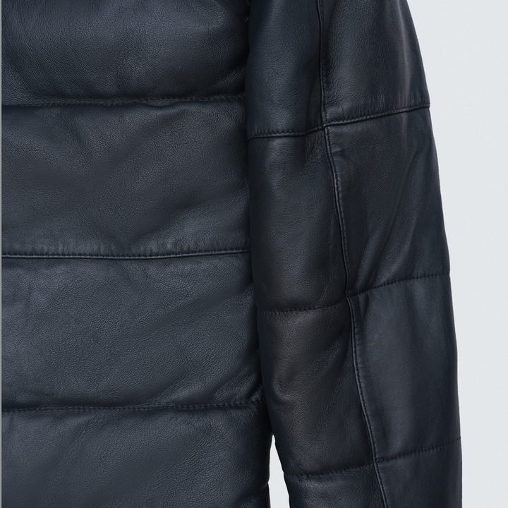 Sprint Black Hooded Puffer Leather Jacket