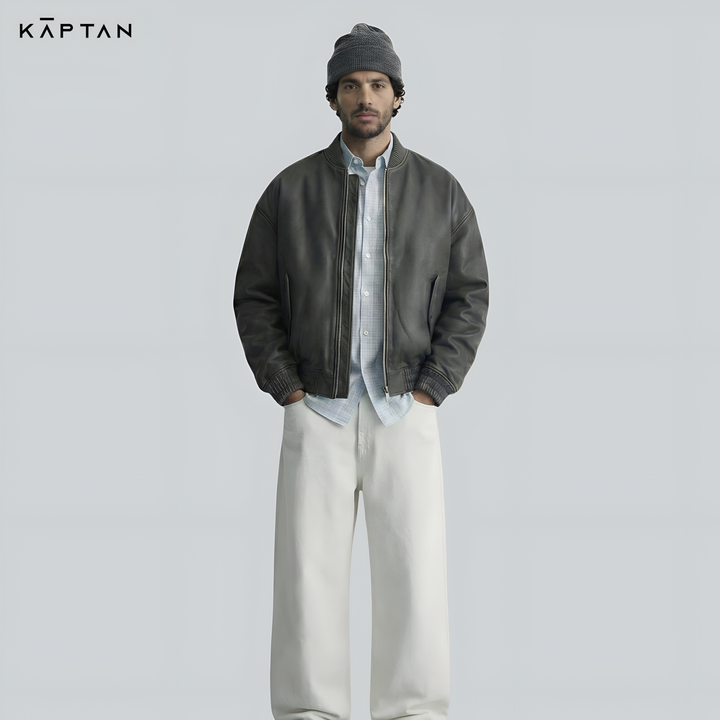 Luxe Grey Bomber Leather Jacket