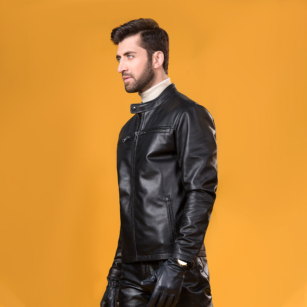 Biker Leather Jacket - Black | Kaptan