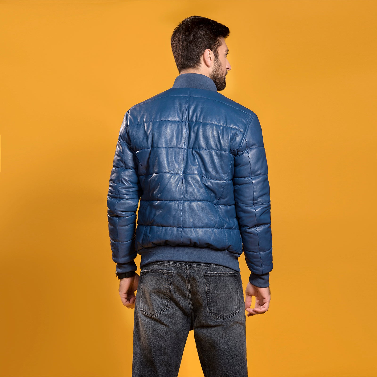 Blue Quilted Bomber Leather Jacket - Blue | Kaptan