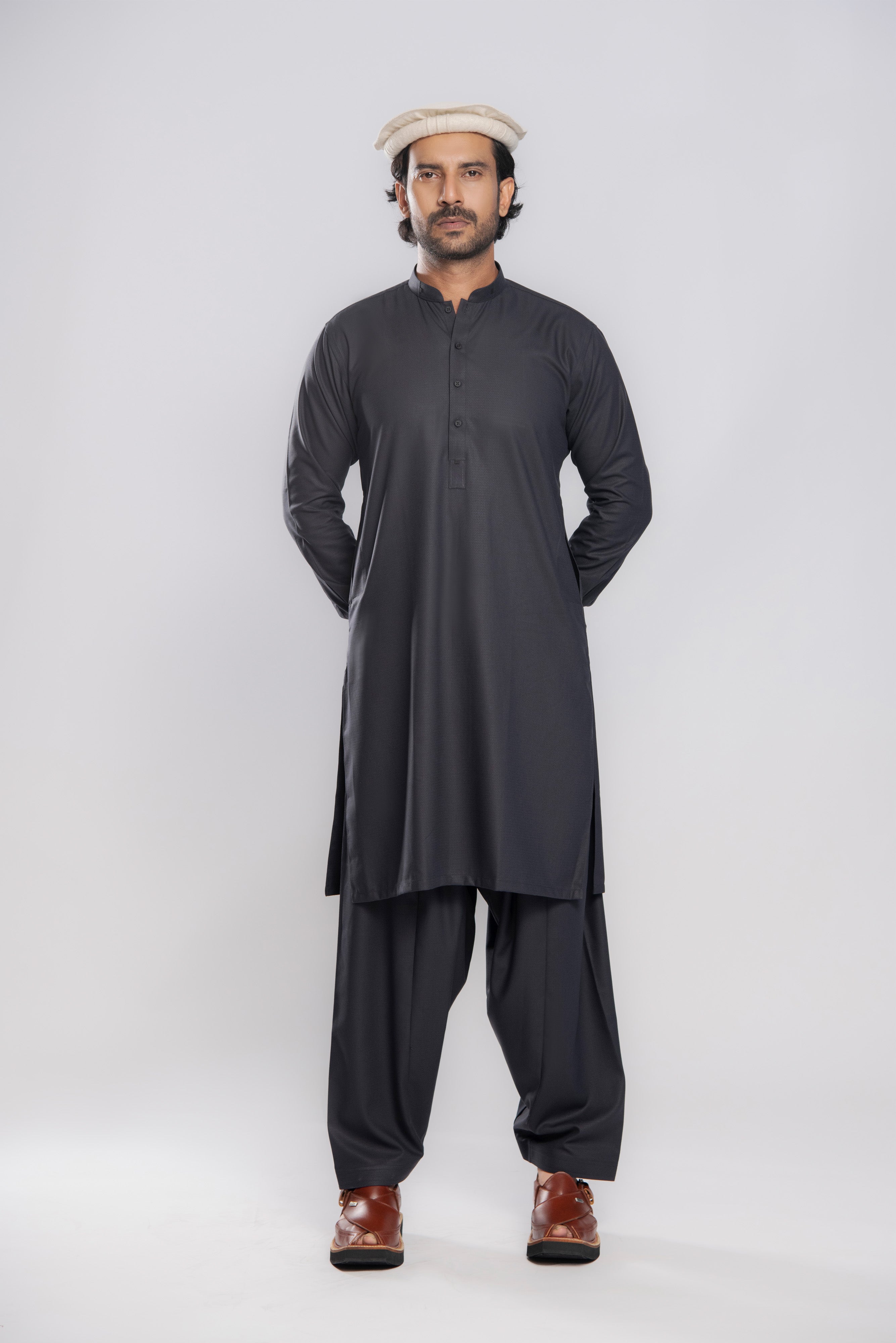 Textured Warmth Shalwar Kameez - Charcoal | Kaptan