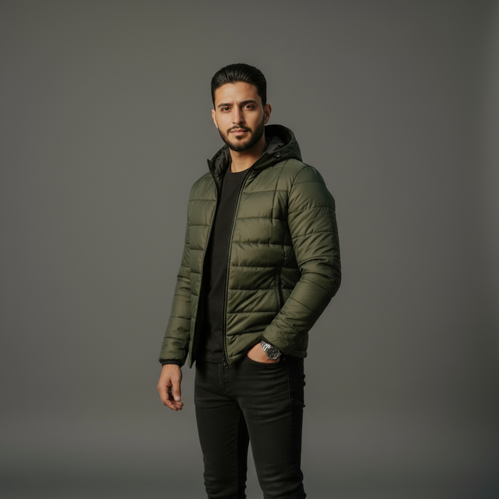 Mens Puffer Jacket Hooded - Olive Green | Kaptan