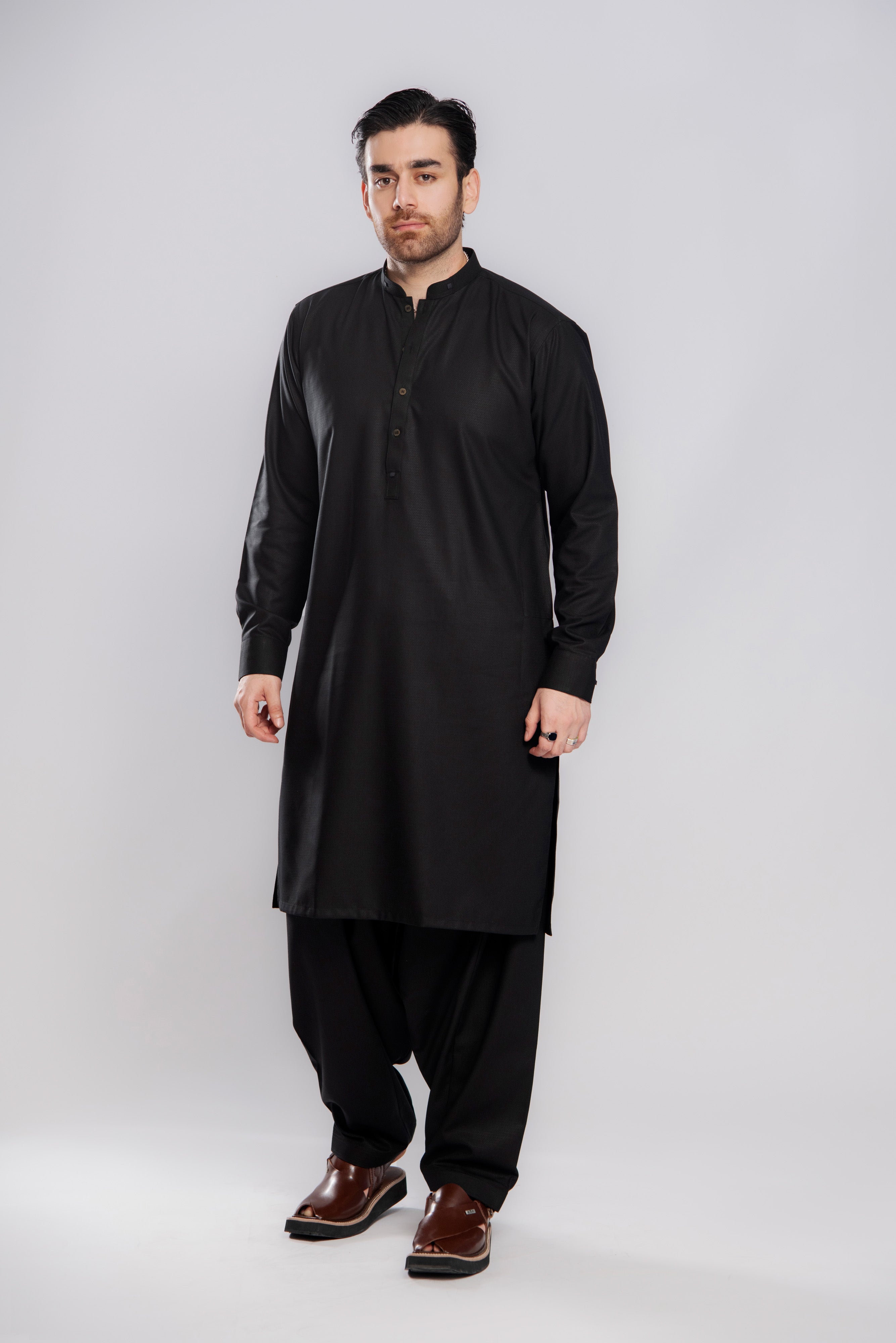 Textured Warmth Shalwar Kameez - Black | Kaptan