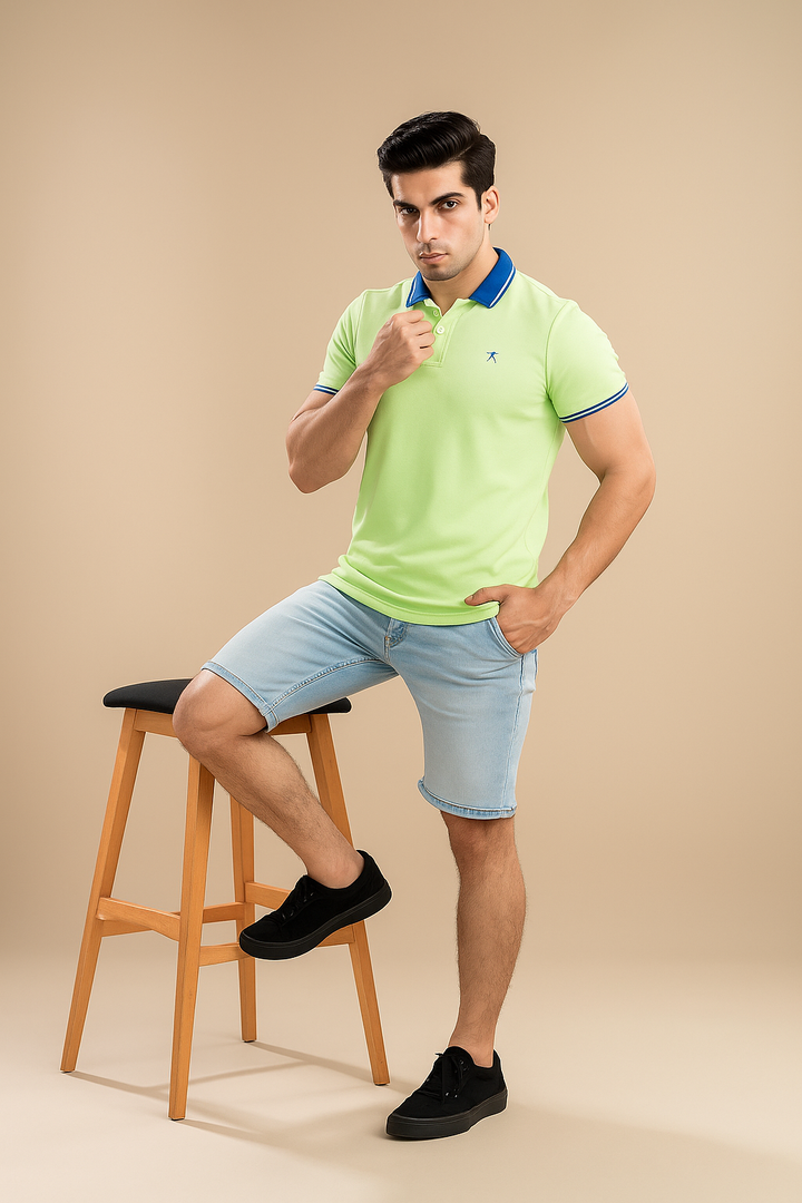 Men Contrast Collar Polo Shirt - Lime Green