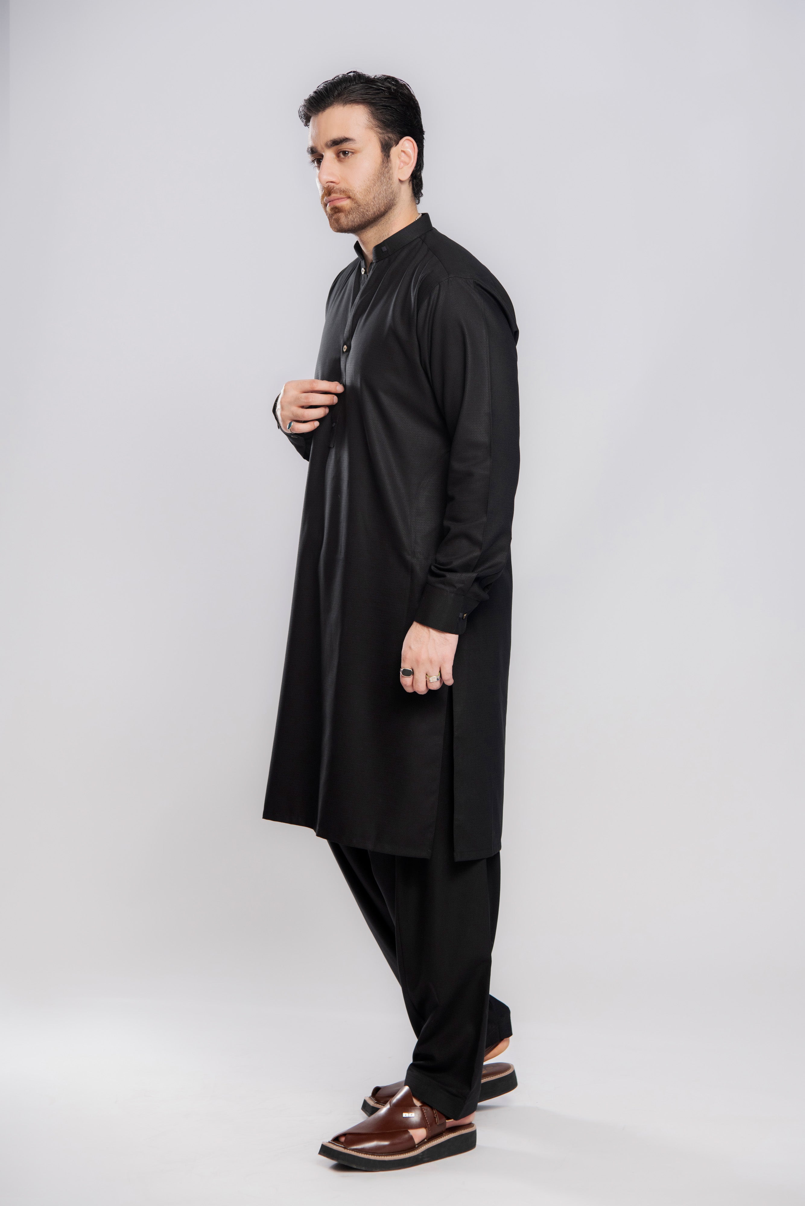 Textured Warmth Shalwar Kameez - Black | Kaptan