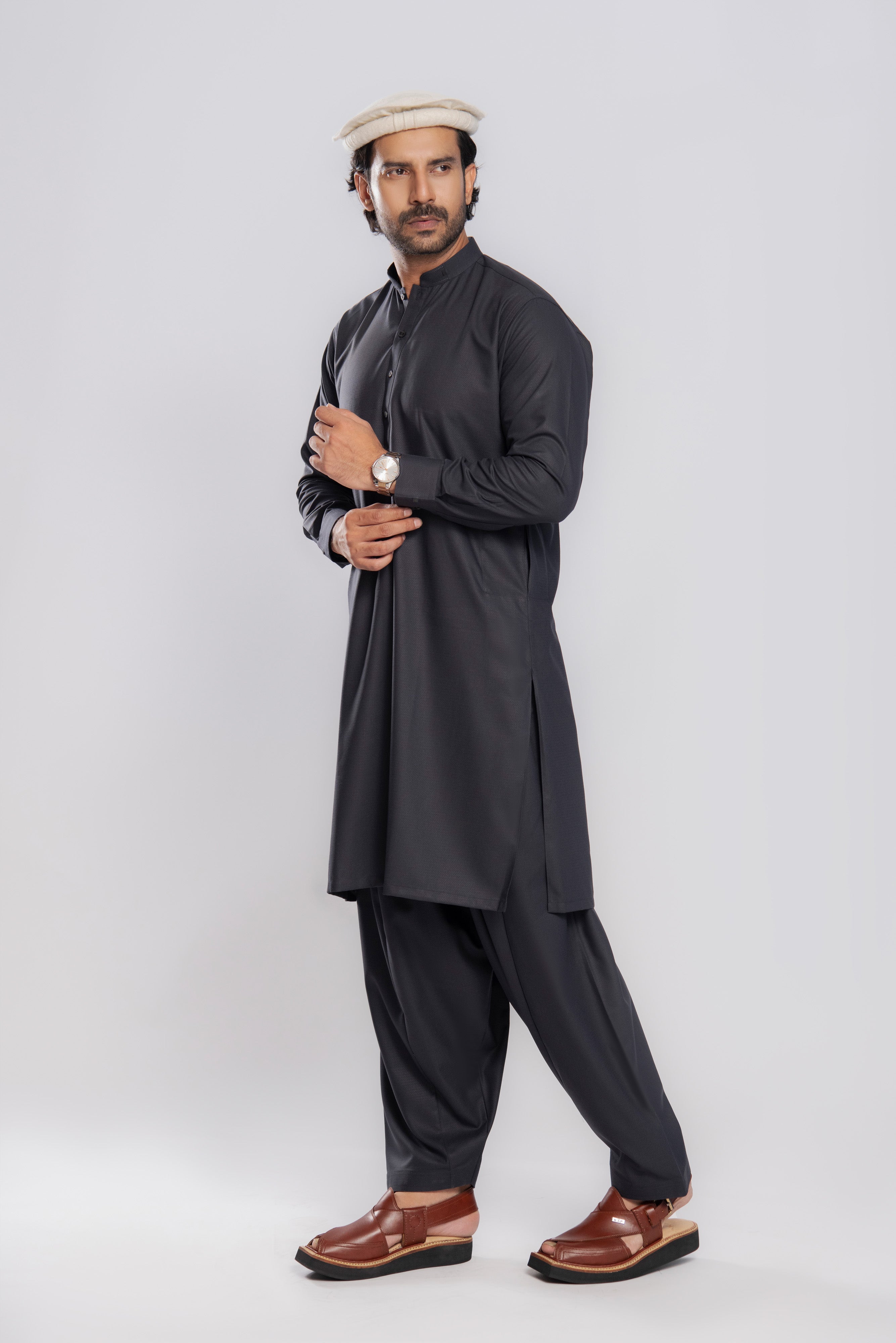 Textured Warmth Shalwar Kameez - Charcoal | Kaptan