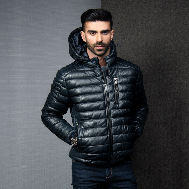 Hooded Puffer Leather Jacket - Black | Kaptan