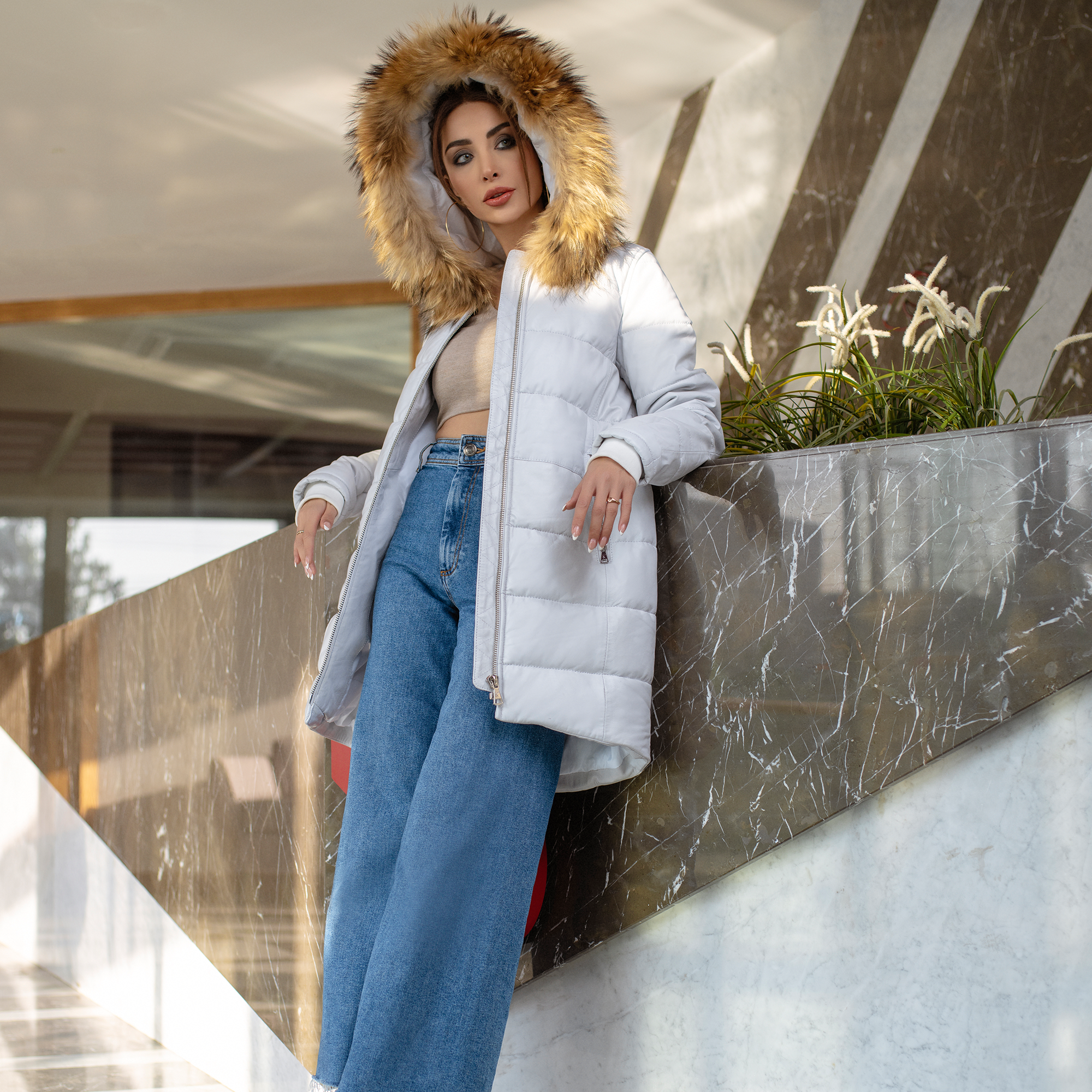 Pearl White Leather Parka with Original Raccoon Fur Hood