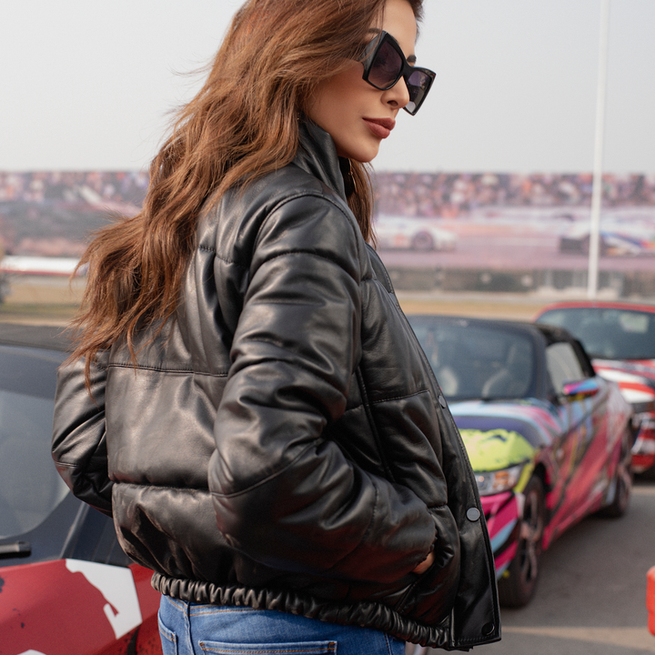 Black Quilted Bomber Leather Jacket - Women