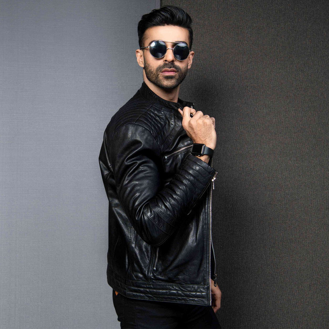 Kaptan Biker Style Leather Jacket - Black