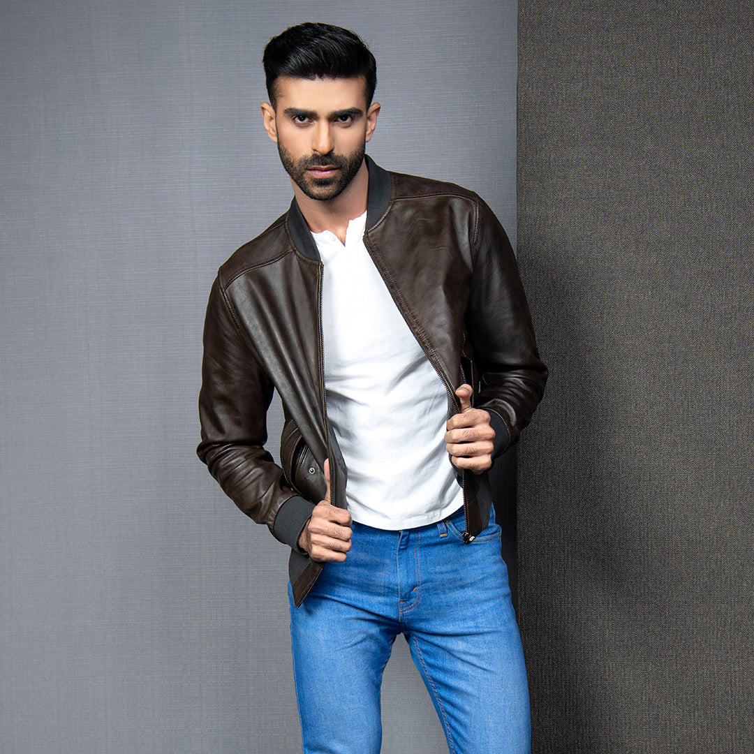 Dark Brown Bomber Leather Jacket - Kaptan