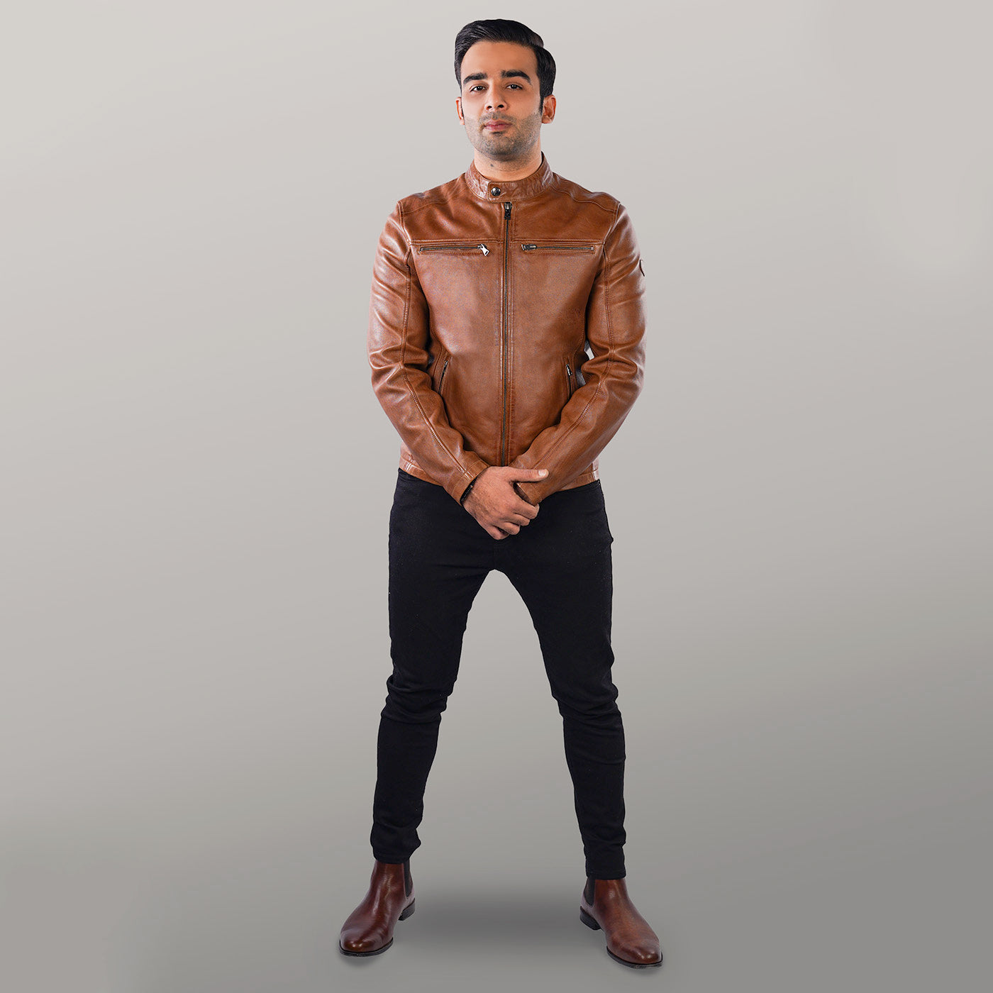 Biker Leather Jacket - Cognac | Kaptan