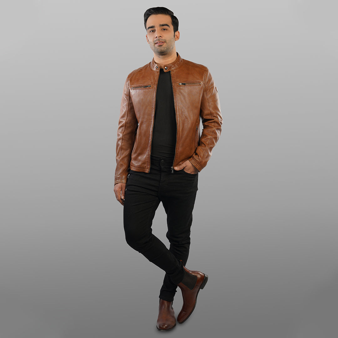 Biker Leather Jacket - Cognac | Kaptan