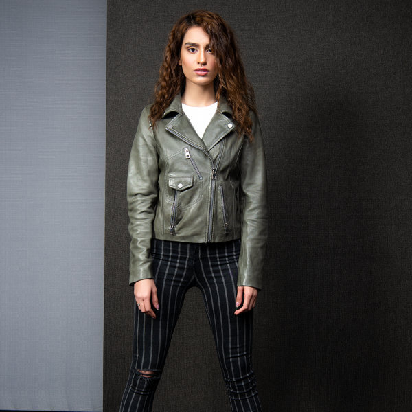 Olive Perfecto Leather Jacket - Olive | Kaptan