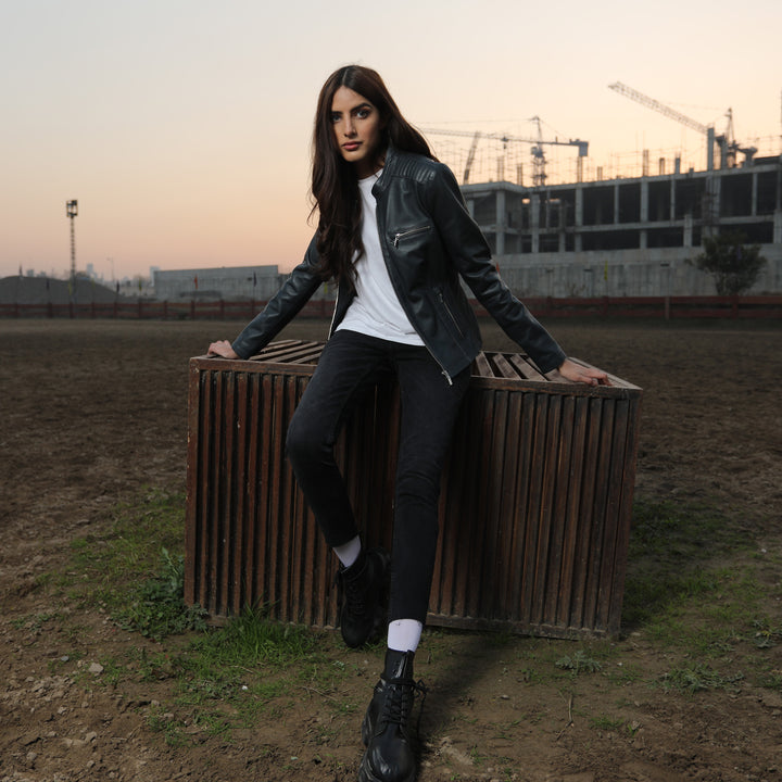 Kaptan Black Leather Biker Jacket - Women
