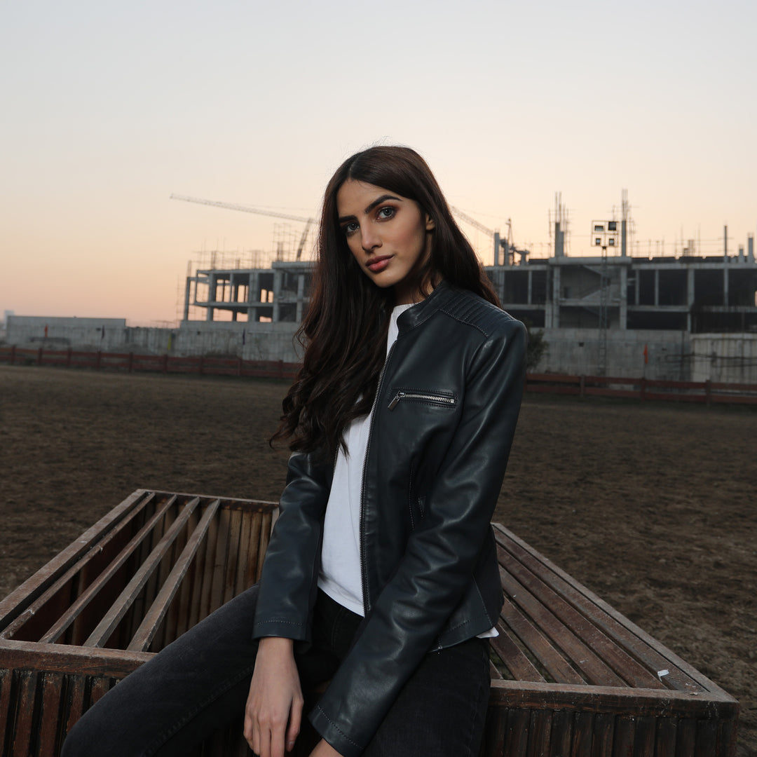 Kaptan Black Leather Biker Jacket - Women