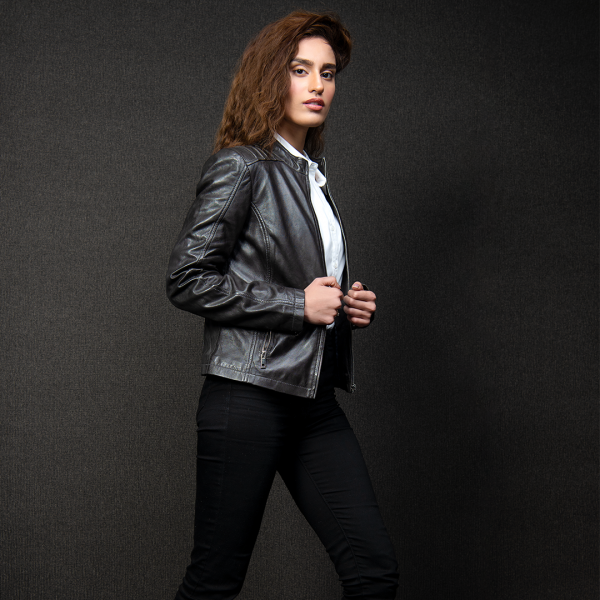Vintage Grey Leather Jacket - Women